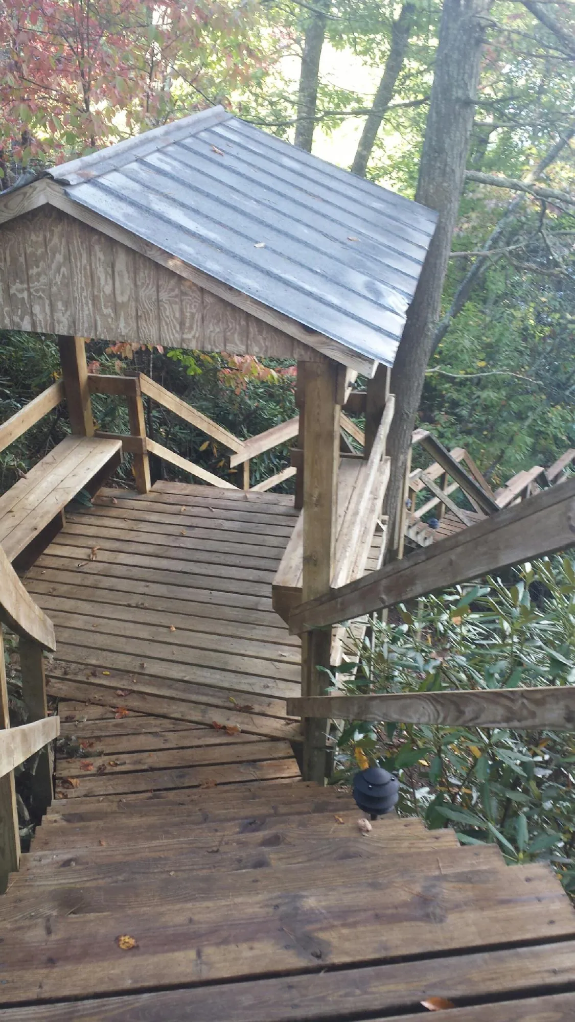 Metal roofed shelter over wooden steps on a wooded walkway — Skylight Repair & Installation work by our crew in Mount Tremper